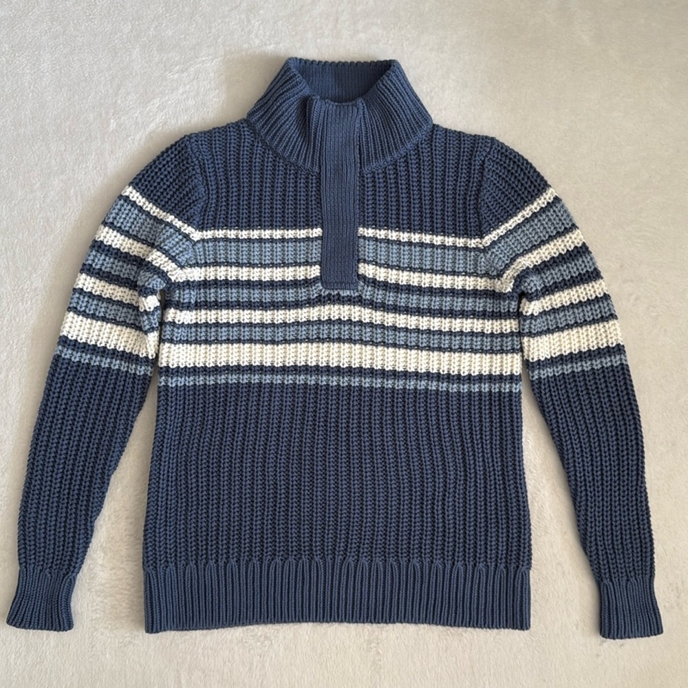 L.L. Bean | 1/4 Snap Chunky Knit Striped Heavy Cotton Sweater Blue/White (S 6-8)